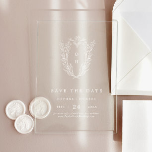 DAPHNE Floral Monogram White Wedding Save The Date Acrylic Invitations