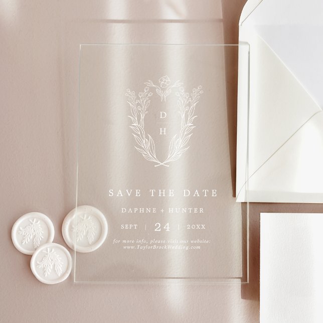 DAPHNE Floral Monogram White Wedding Save The Date Acrylic Invitations (DAPHNE Floral Monogram White Wedding Save The Date Acrylic Invitations)