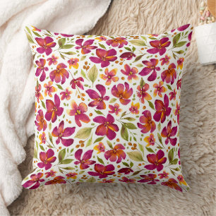 Daphne-Magenta and Yellow Floral with Green Leaves Cushion