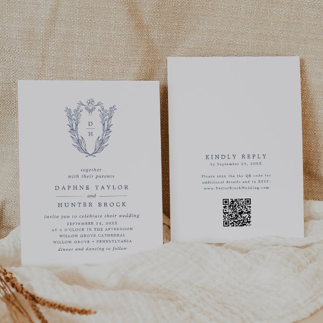 DAPHNE QR Code White Blue Minimalist Navy Wedding Invitation (DAPHNE QR Code White Blue Minimalist Navy Wedding Invitation)