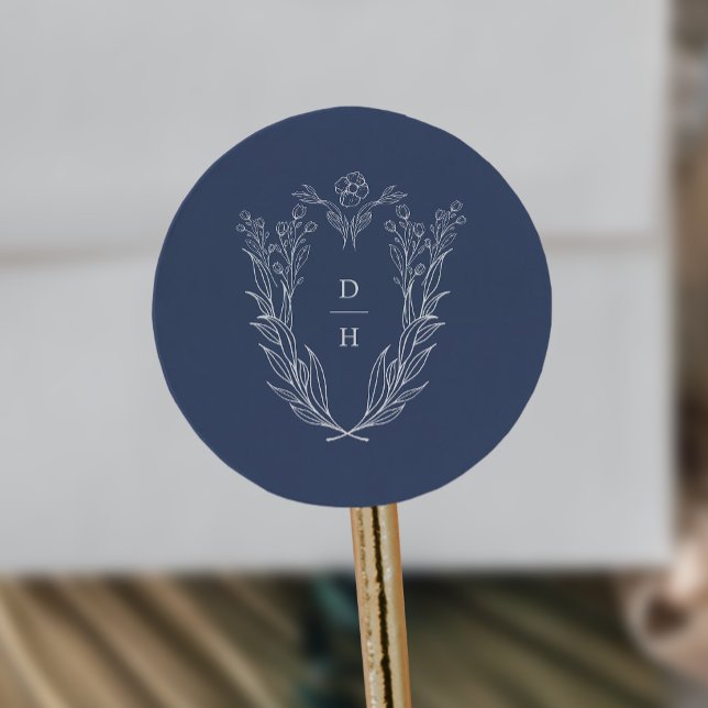 DAPHNE Simple Dark Blue Modern Wedding Monogram Classic Round Sticker (DAPHNE Simple Dark Blue Modern Wedding Monogram Classic Round Sticker)