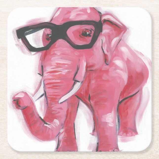 Dapper Animal | Pink Elephant In Eyeglasses Square Paper Coaster (Front)