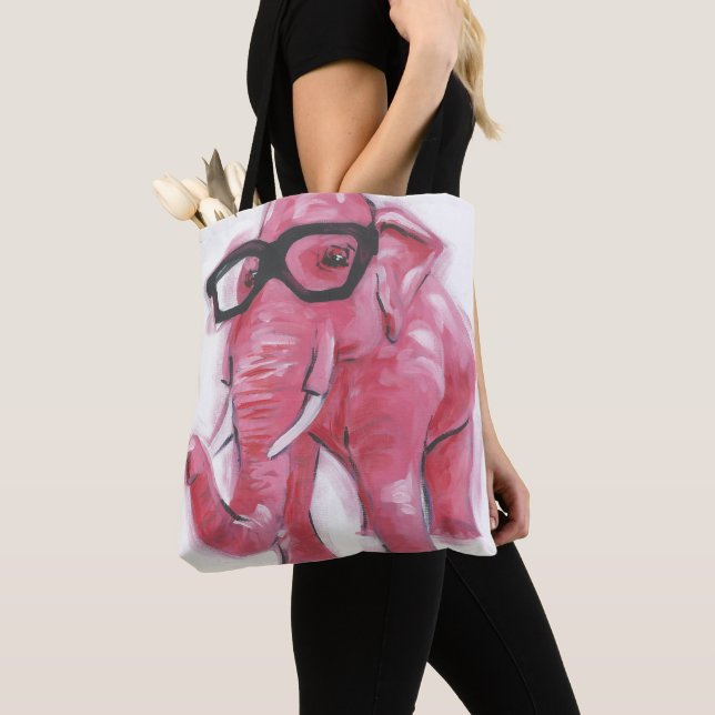Dapper Animal | Pink Elephant In Eyeglasses Tote Bag (Close Up)