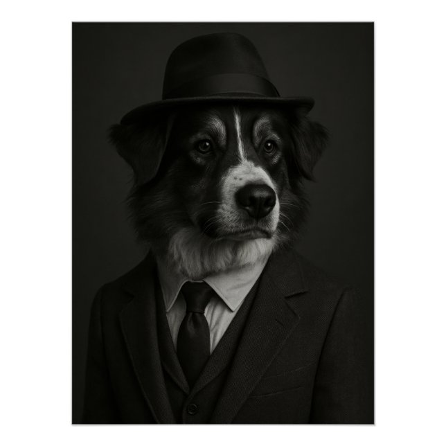 Dapper Australian Shepherd Dog in Suit and Hat Poster (Front)