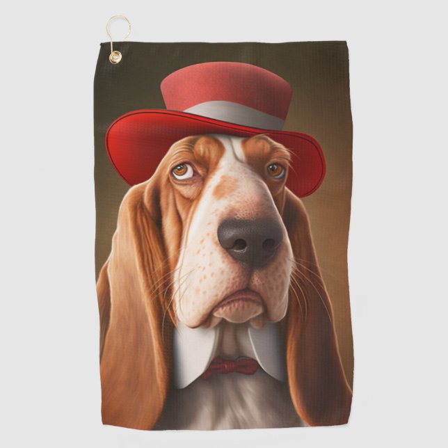 Dapper Basset Hound with Red Hat Golf Towel (Front)