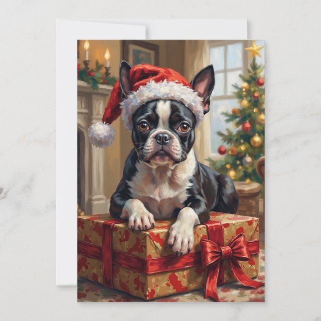 Dapper Boston Terrier Dog Christmas Gift Holiday Card (Front)