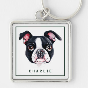 Dapper Boston Terrier Pup Personalised Key Ring