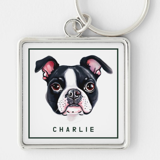 Dapper Boston Terrier Pup Personalised Key Ring (Front)