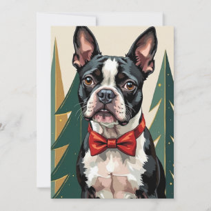 Dapper Boston Terrier Tuxedo Modern Christmas Art Holiday Card