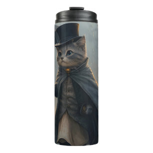 Dapper Cat Strolling in the Rain with an Umbrella Thermal Tumbler