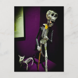 Dapper Día de los Muertos Skeleton with Dog Postcard
