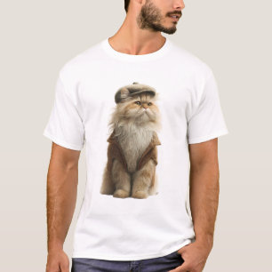 Dapper Feline in Vintage Style: Long-Haired Cat T-Shirt
