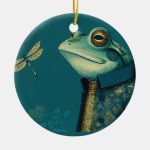 Dapper Frog & Dragonfly - Surreal Vintage Animal Ceramic Ornament