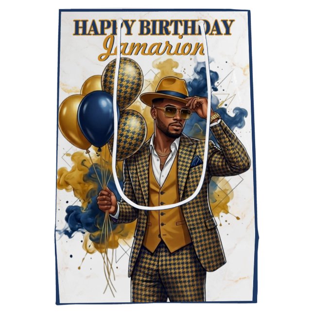 Dapper Gentleman Mustard and Navy Birthday Medium Gift Bag (Back)