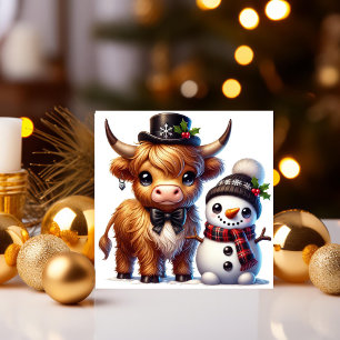 Dapper Highland Cow with Snowman Friend Holiday Card