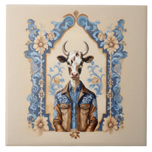 Dapper Old Wild West Cowboy Funny Cow Art Ceramic Tile