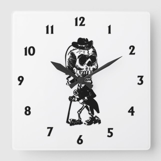 Dapper Skeleton with Black Numbers Square Wall Clock (Front)
