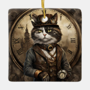 Dapper Steampunk Calico Cat Ceramic Ornament