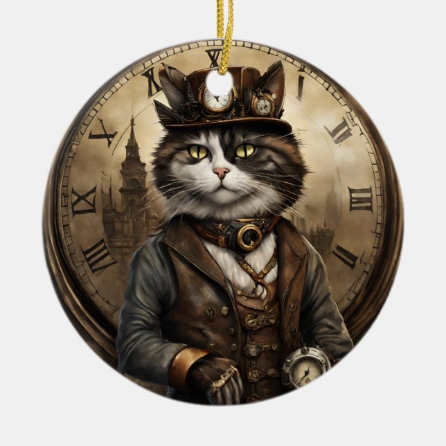  Dapper Steampunk Calico Cat Ceramic Ornament (Front)