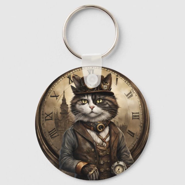  Dapper Steampunk Calico Cat Key Ring (Front)