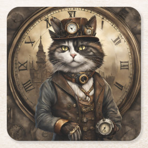 Dapper Steampunk Calico Cat Square Paper Coaster