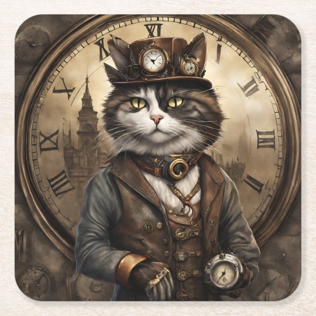  Dapper Steampunk Calico Cat Square Paper Coaster (Front)