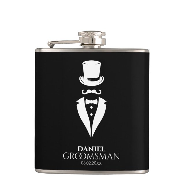 Dapper Top-hat Tux Personalised Groomsmen Flask (Front)
