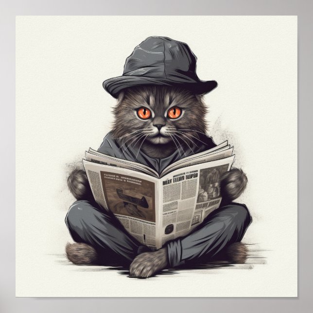 Dapper Whiskers: Suited Cat Reading the Newspaper  Poster (Front)