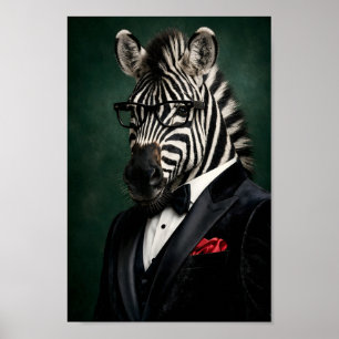Dapper Zebra in Black Velvet Tuxedo and Reading Poster