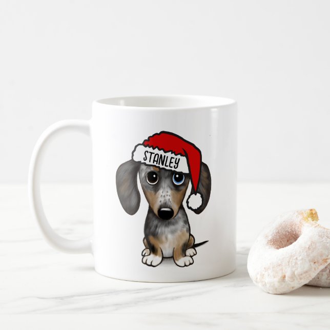 Dapple Dachshund Santa Cute Dog Custom Name Coffee Mug (With Donut)