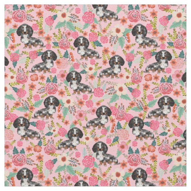 Dapple Dachshund vintage florals pink Fabric (Close Up)