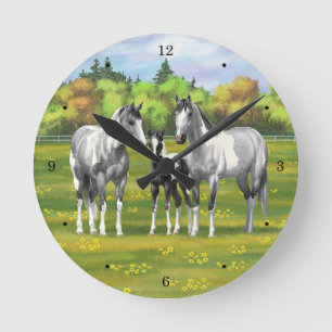 Dapple Gray Pinto Paint Horses In Summer Pasture Round Clock