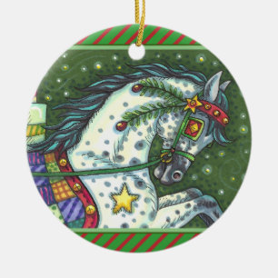 DAPPLE GREY IN A ONE HORSE OPEN SLEIGH, COLORFUL CERAMIC ORNAMENT