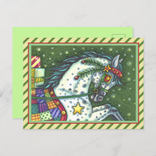 DAPPLE GREY IN A ONE HORSE OPEN SLEIGH, COLORFUL HOLIDAY POSTCARD