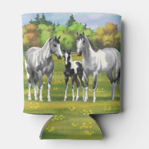 Dapple Grey Pinto Paint Horses In Summer Pasture Can Cooler