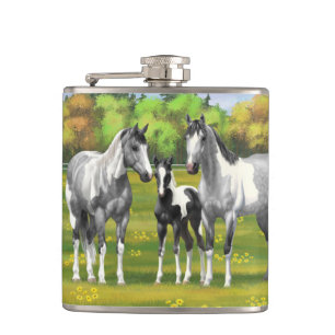 Dapple Grey Pinto Paint Horses In Summer Pasture Hip Flask