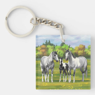 Dapple Grey Pinto Paint Horses In Summer Pasture Key Ring