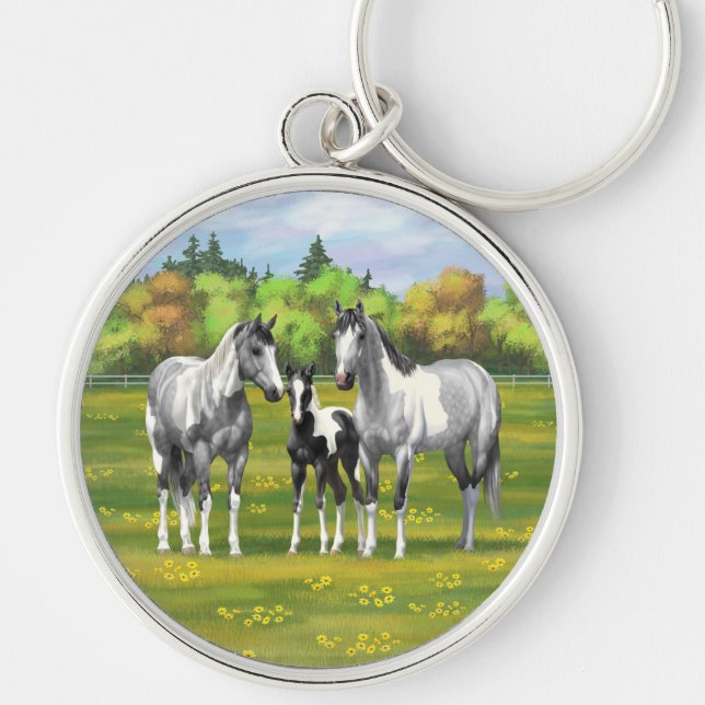 Dapple Grey Pinto Paint Horses In Summer Pasture Key Ring (Front)