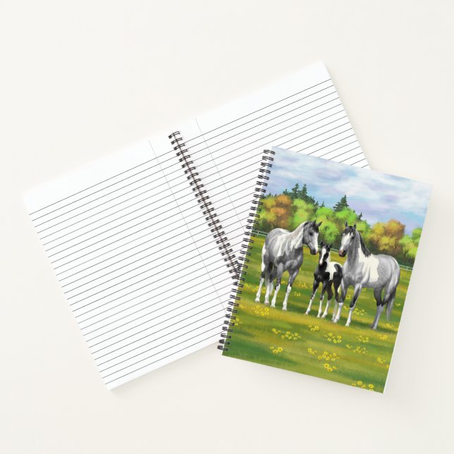 Dapple Grey Pinto Paint Horses In Summer Pasture Notebook (Inside)