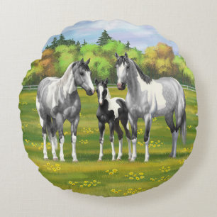 Dapple Grey Pinto Paint Horses In Summer Pasture Round Cushion