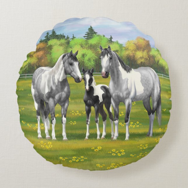 Dapple Grey Pinto Paint Horses In Summer Pasture Round Cushion (Front)