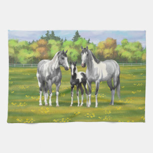 Dapple Grey Pinto Paint Horses In Summer Pasture Tea Towel