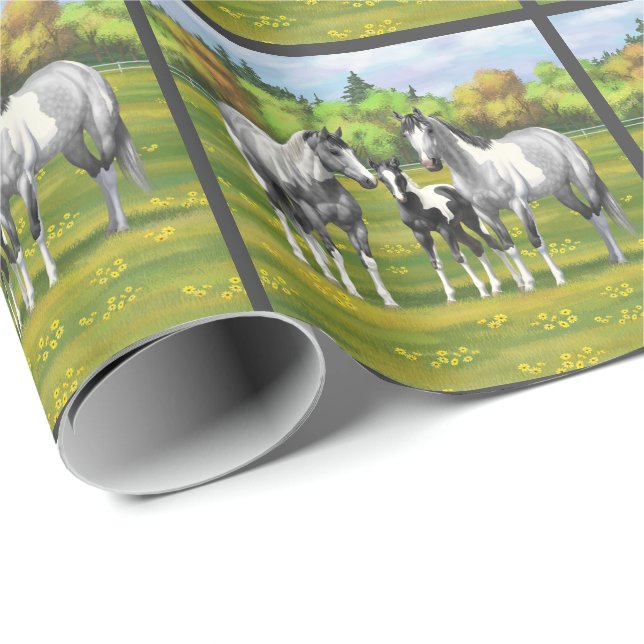 Dapple Grey Pinto Paint Horses In Summer Pasture Wrapping Paper (Roll Corner)