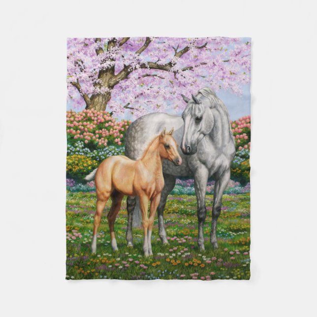 Dapple Grey Quarter Horse Mare Palomino Foal Fleece Blanket (Front)