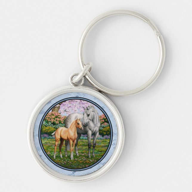 Dapple Grey Quarter Horse Mare Palomino Foal Key Ring (Front)