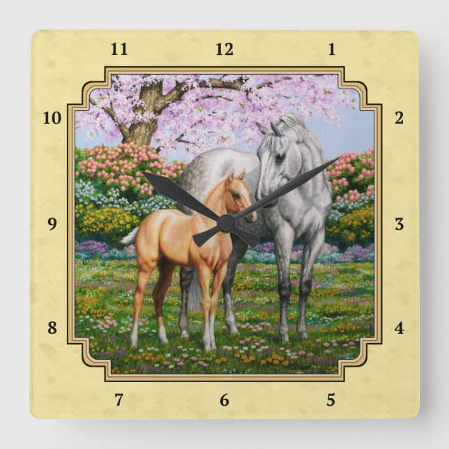 Dapple Grey Quarter Horse Mare Palomino Foal Square Wall Clock (Front)