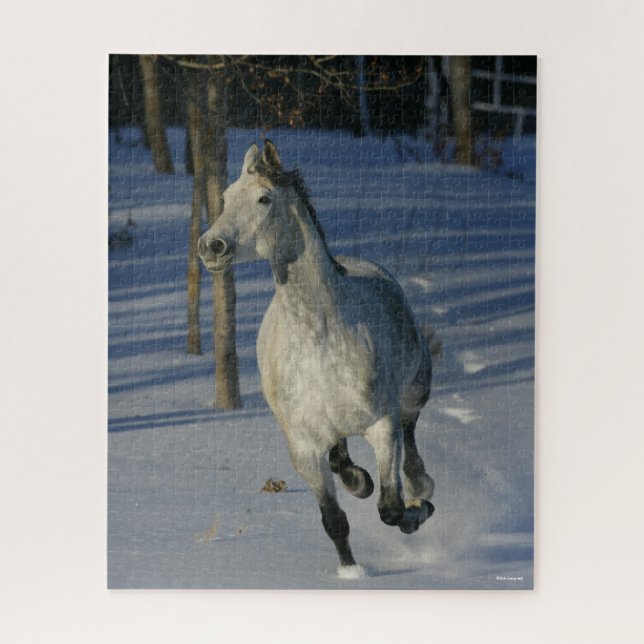 Dapple Grey Trakehner Running in the Snow Jigsaw Puzzle (Vertical)