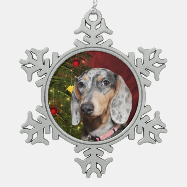 Dappled Dachshund Christmas Snowflake Pewter Christmas Ornament (Front)