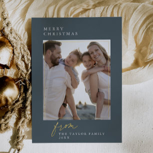 DARCY Blue Foil Vintage Family Photo Christmas Holiday Card