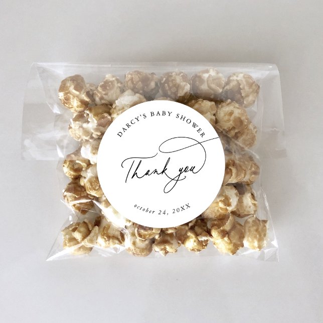 DARCY Modern Black White Baby Shower Thank You Classic Round Sticker (DARCY Modern Black White Baby Shower Thank You Classic Round Sticker)